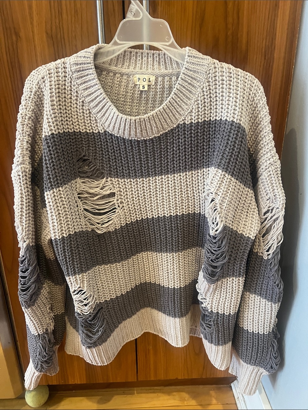 POL Gray and Cream Striped Distressed Crewneck Sweater, worn once, Sz S